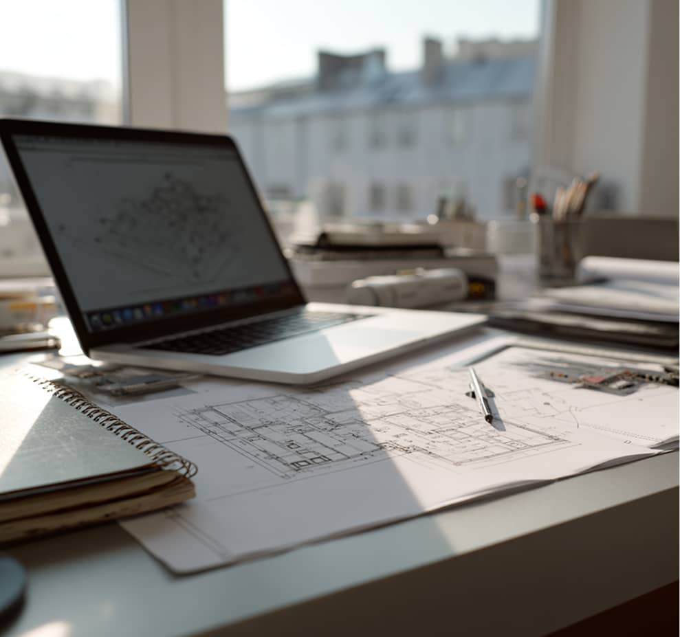 Workspace with architectural plans, a pen, a laptop displaying a building blueprint, and a notebook on a sunlit desk.