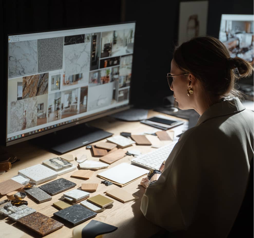 A woman with glasses reviewing interior design images on a large monitor with various stone, wood, and tile samples spread on the desk.