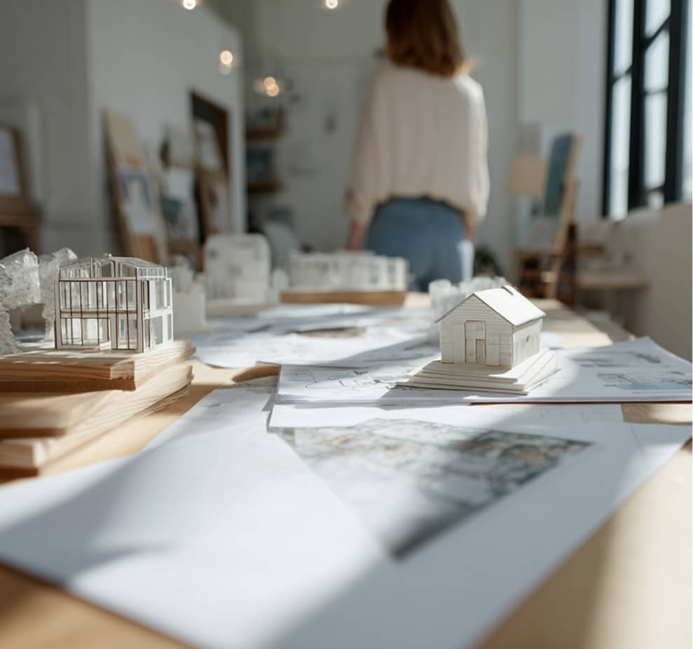 Architectural models and blueprints on a table with a person standing blurred in the background in a bright workspace.