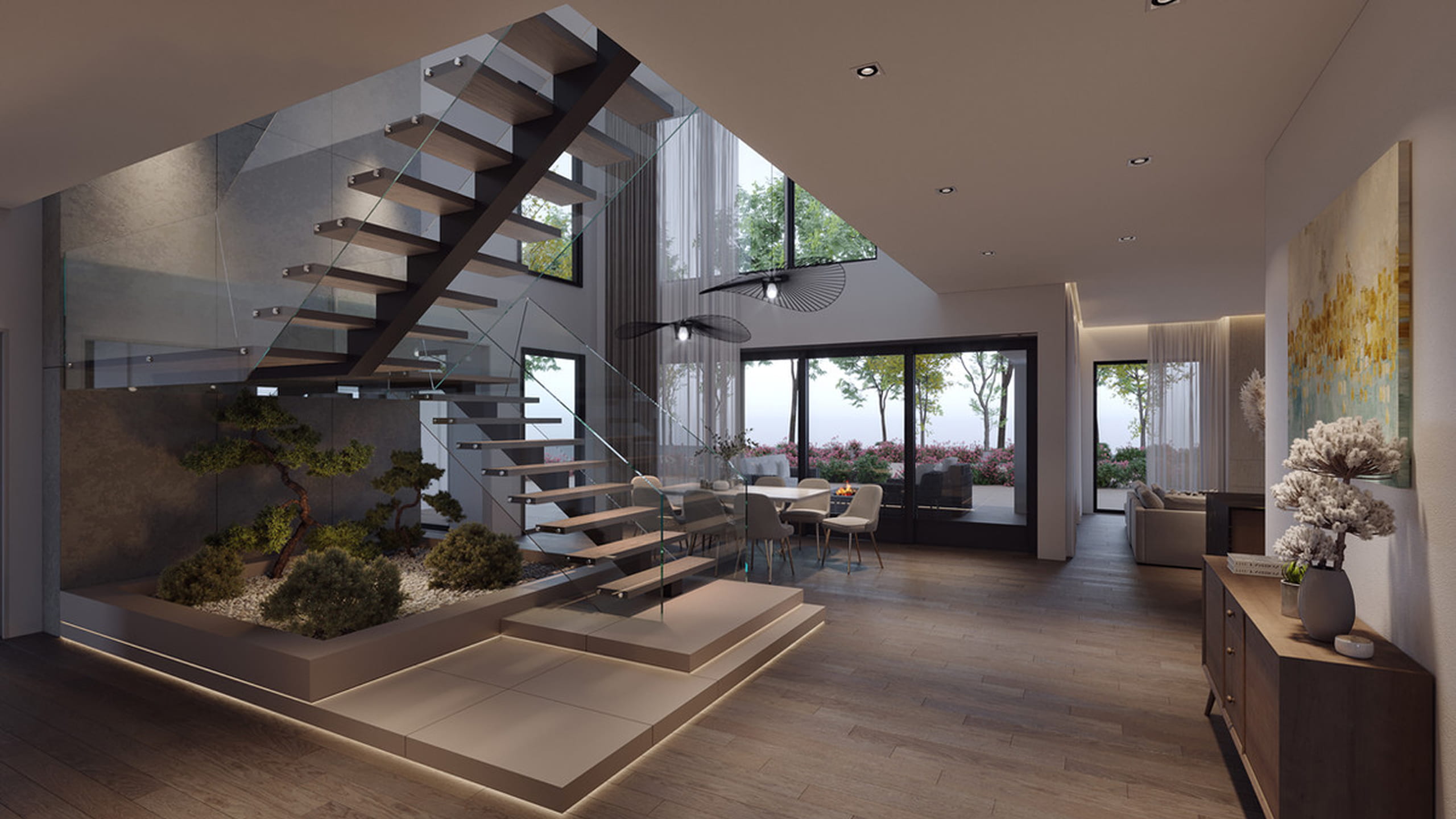 Modern open living space with floating wooden staircase and glass railing over a built-in indoor garden, dining area with chairs, and large windows showing outdoor greenery.
