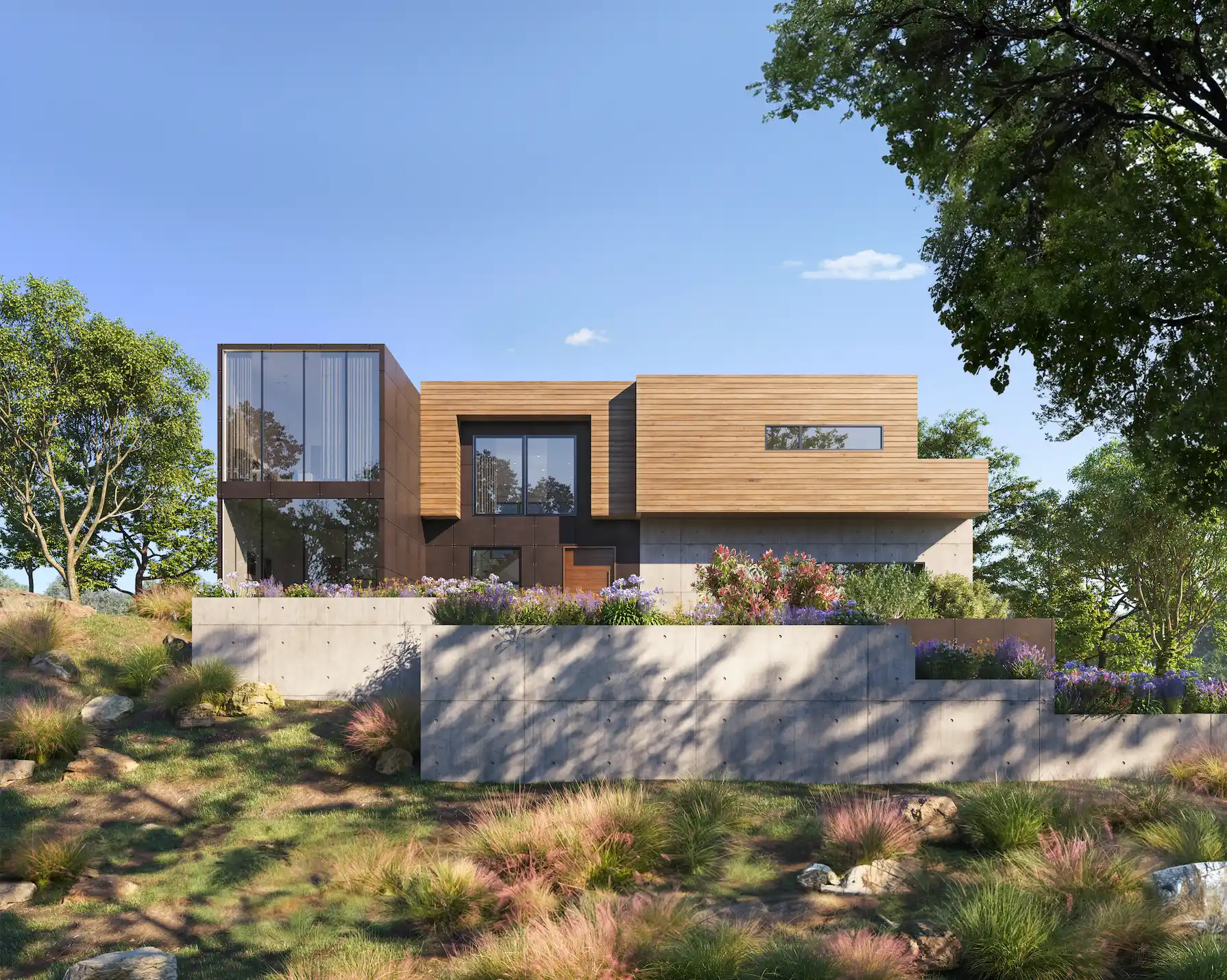Modern two-story house with wood and concrete siding, large windows, and terraced landscaping with flowers and shrubs.