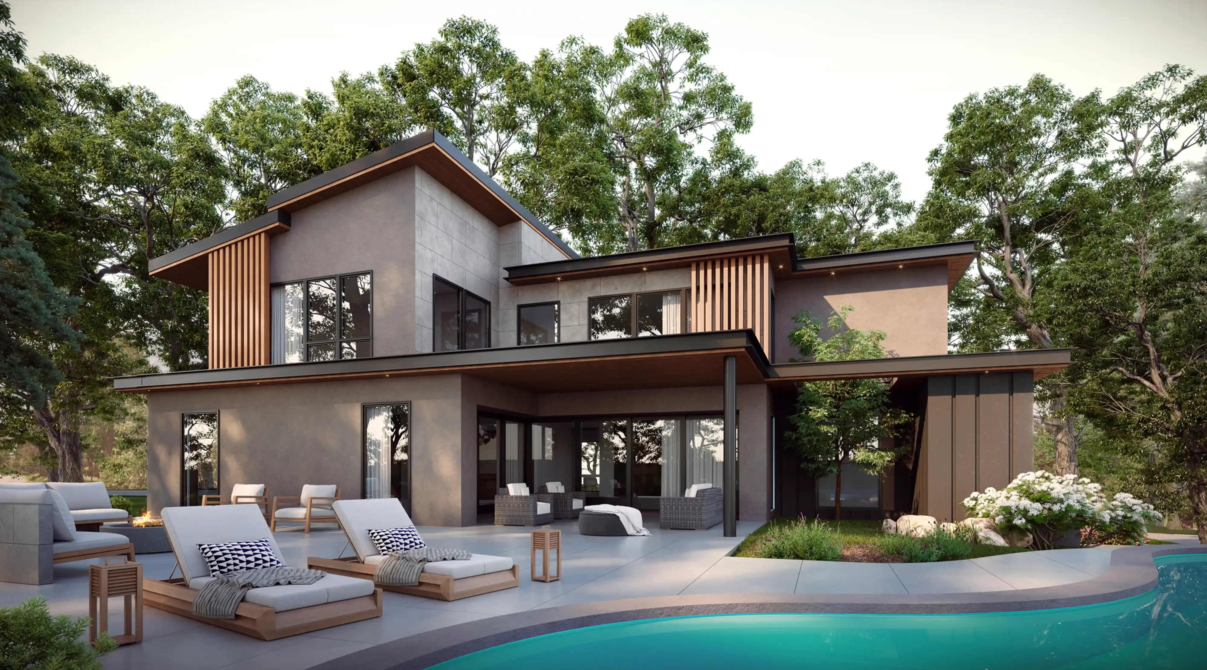 Modern two-story house with large windows, outdoor seating area, and swimming pool surrounded by trees.