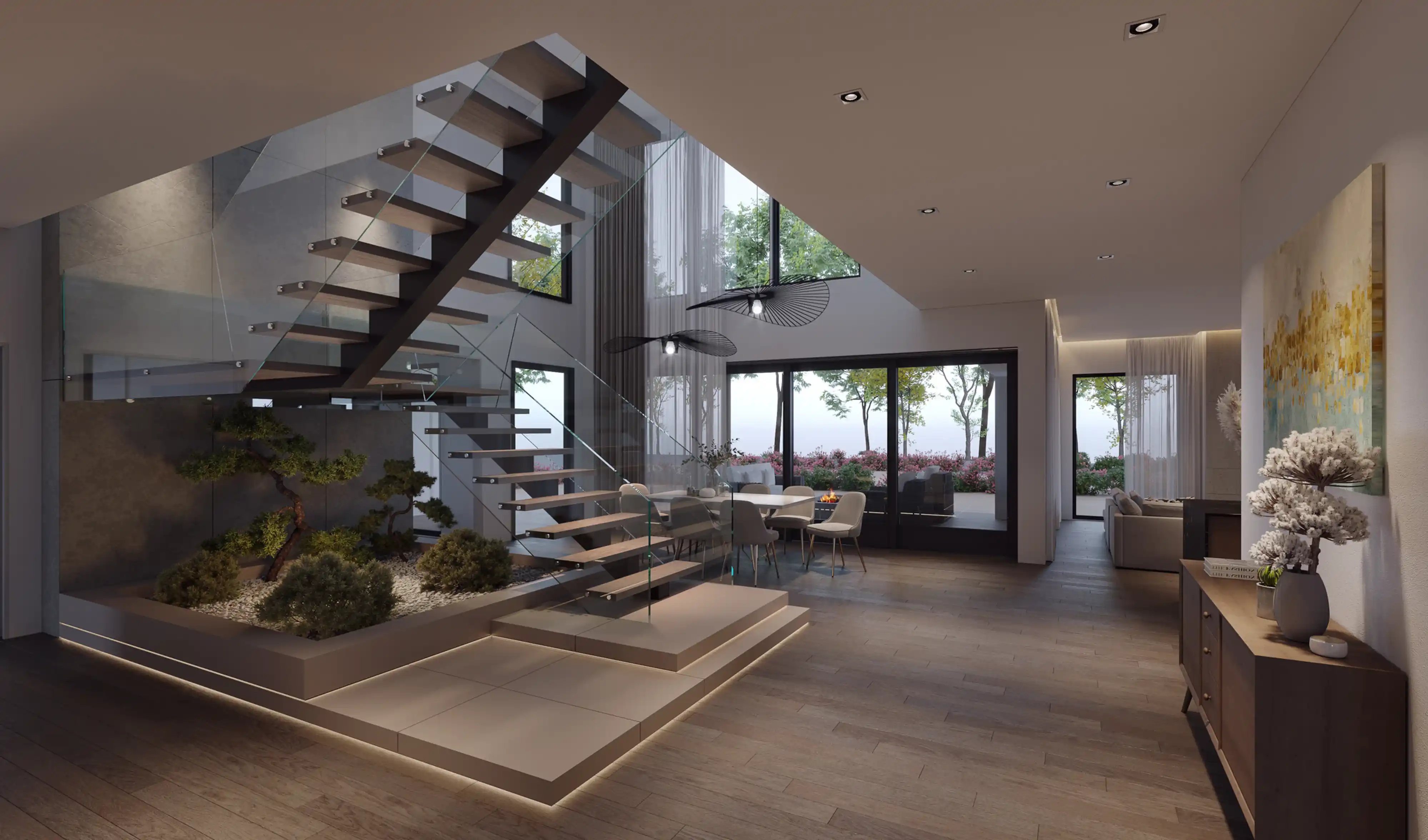 Modern interior with floating staircase and indoor garden next to dining area and large windows showing outdoor patio with trees and flowers.