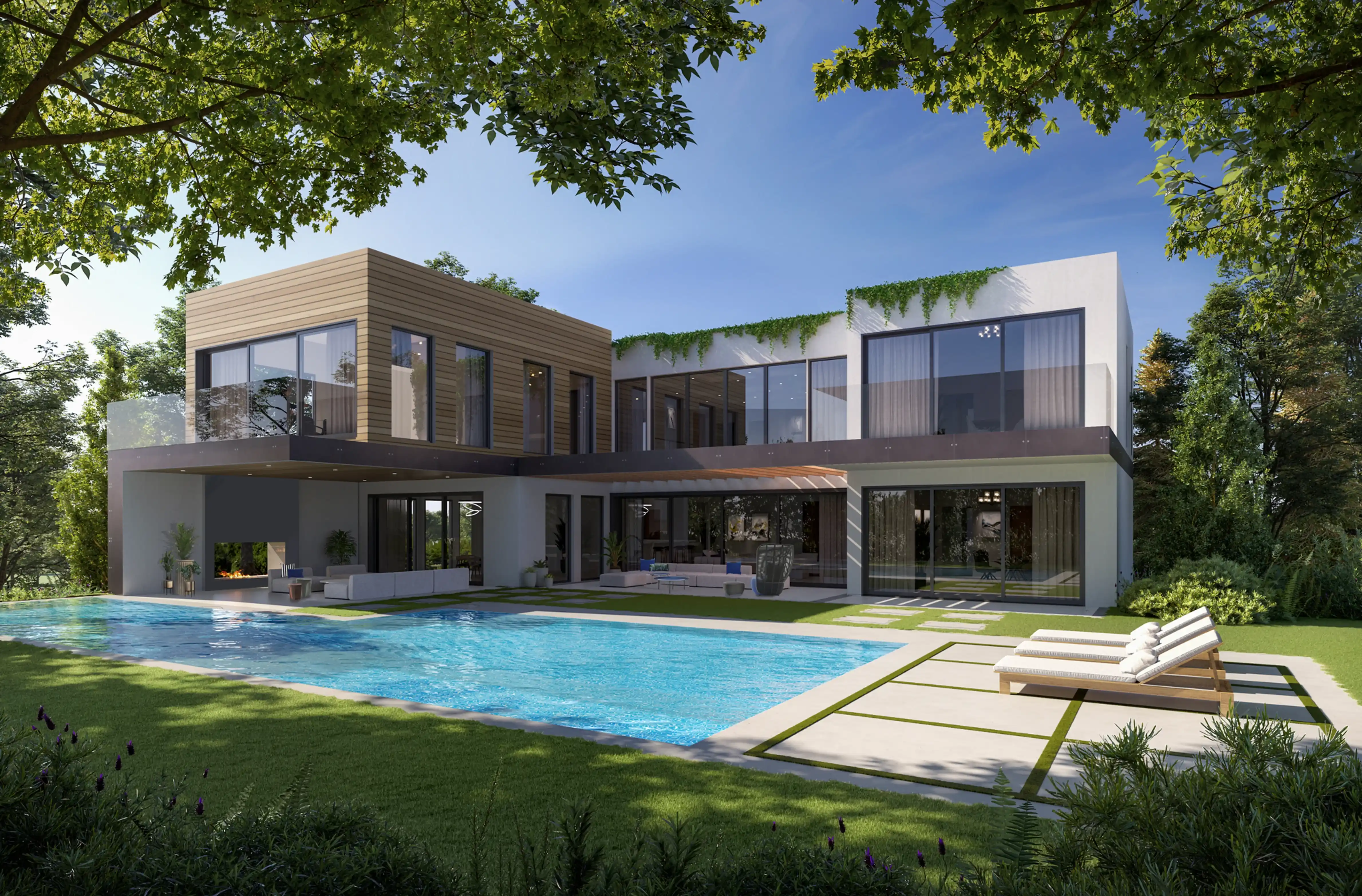Modern two-story house with wood and white exterior, large glass windows, outdoor sitting area, and a rectangular swimming pool surrounded by green lawn and trees.