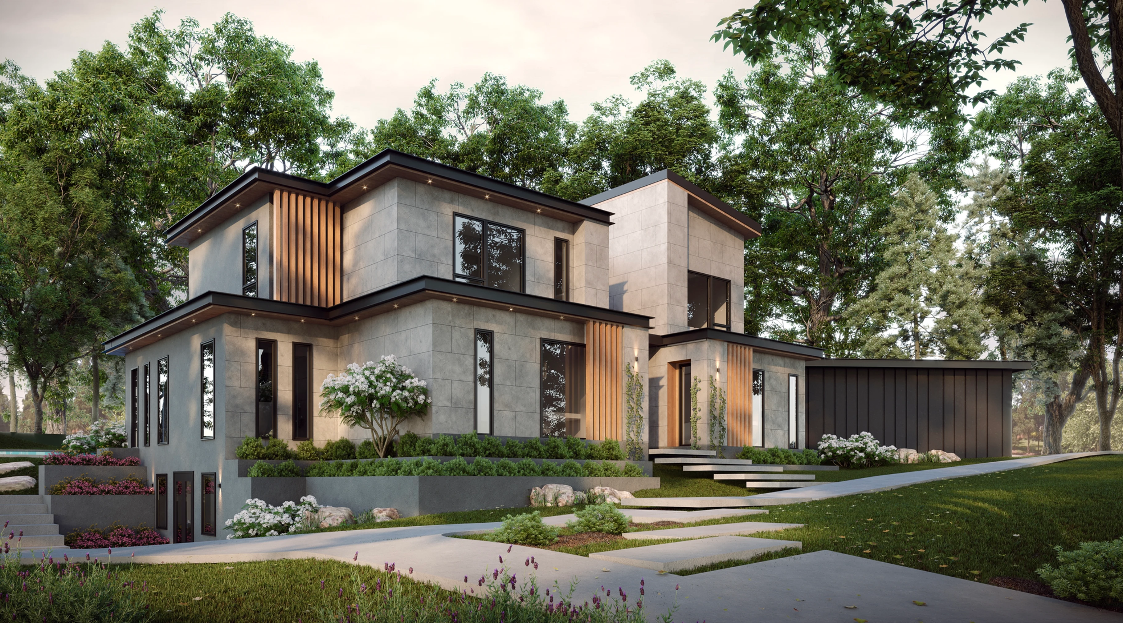 Modern two-story house with large windows, gray exterior walls, vertical wooden accents, and landscaped garden surrounded by trees.