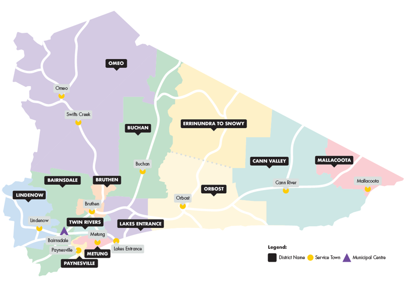 A map of East Gippsland showing the individual districts: Bairnsdale, Bruthen, Buchan, Cann Valley, Errinundra to Snowy, Lakes Entrance, Lindenow, Mallacoota, Metung, Omeo, Orbost, Paynesville, and Twin Rivers