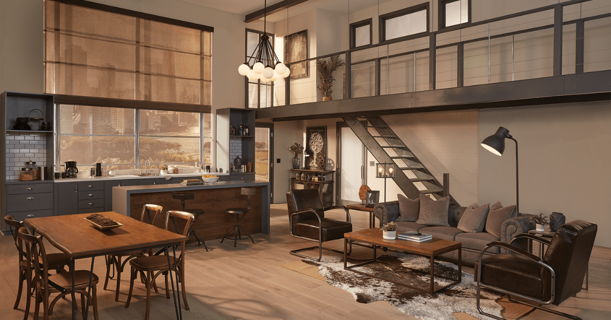 Spacious loft-style living area with kitchen, dining table, seating, and a mezzanine level with windows.