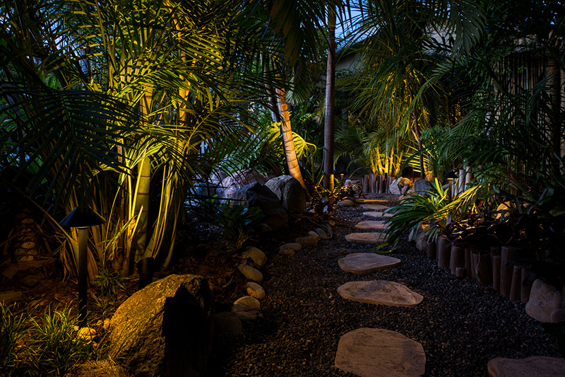 Resort style low voltage landscape lighting allow a path.
