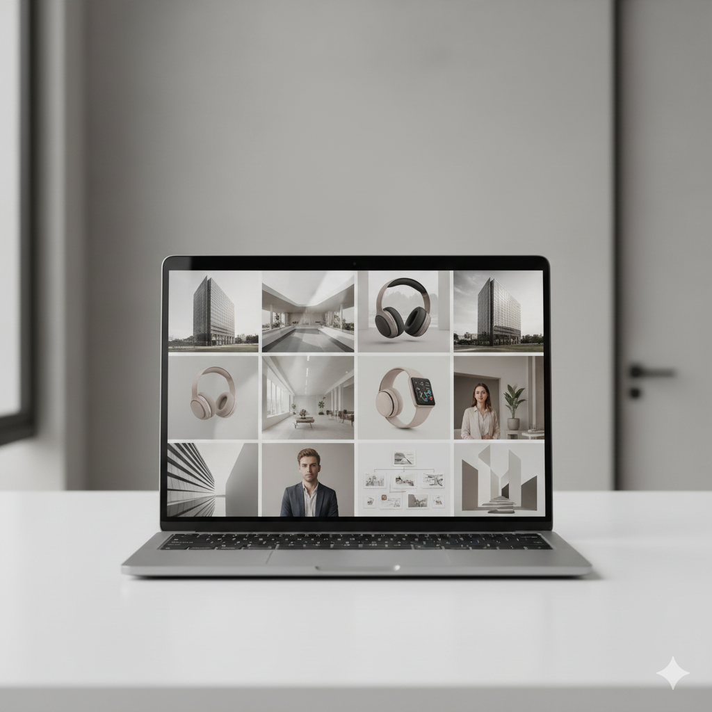 A laptop screen displaying a library of custom AI-generated photography for brand consistency.