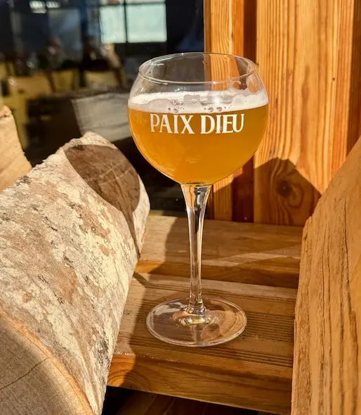 Rustic interior, long table set with wine glasses, bench with cushions along a dry stone wall, and decorative niche with white fur and wood.