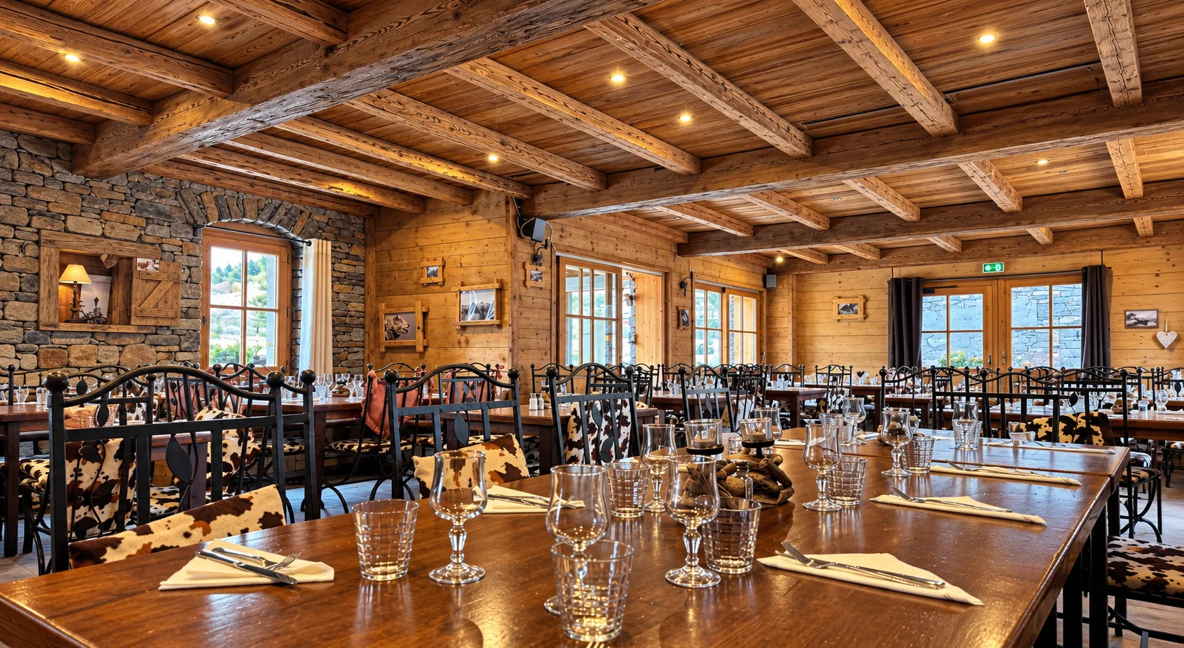 Rustic, dark, and warm chalet interior, with a large stone and wood fireplace in the center, and fur seating.