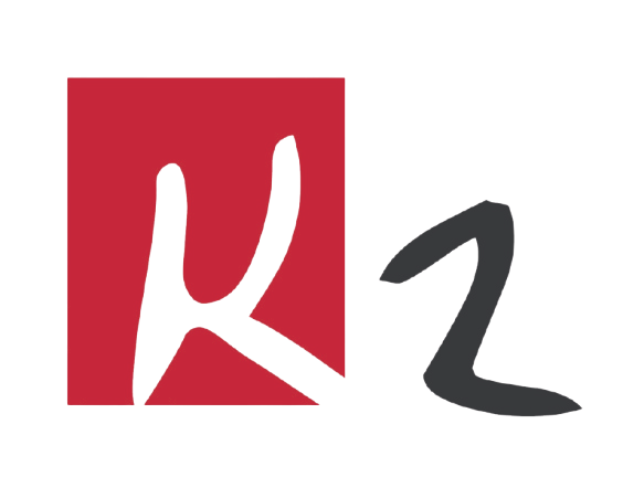 Stylized letter K in black inside a red square, followed by a black number 2.