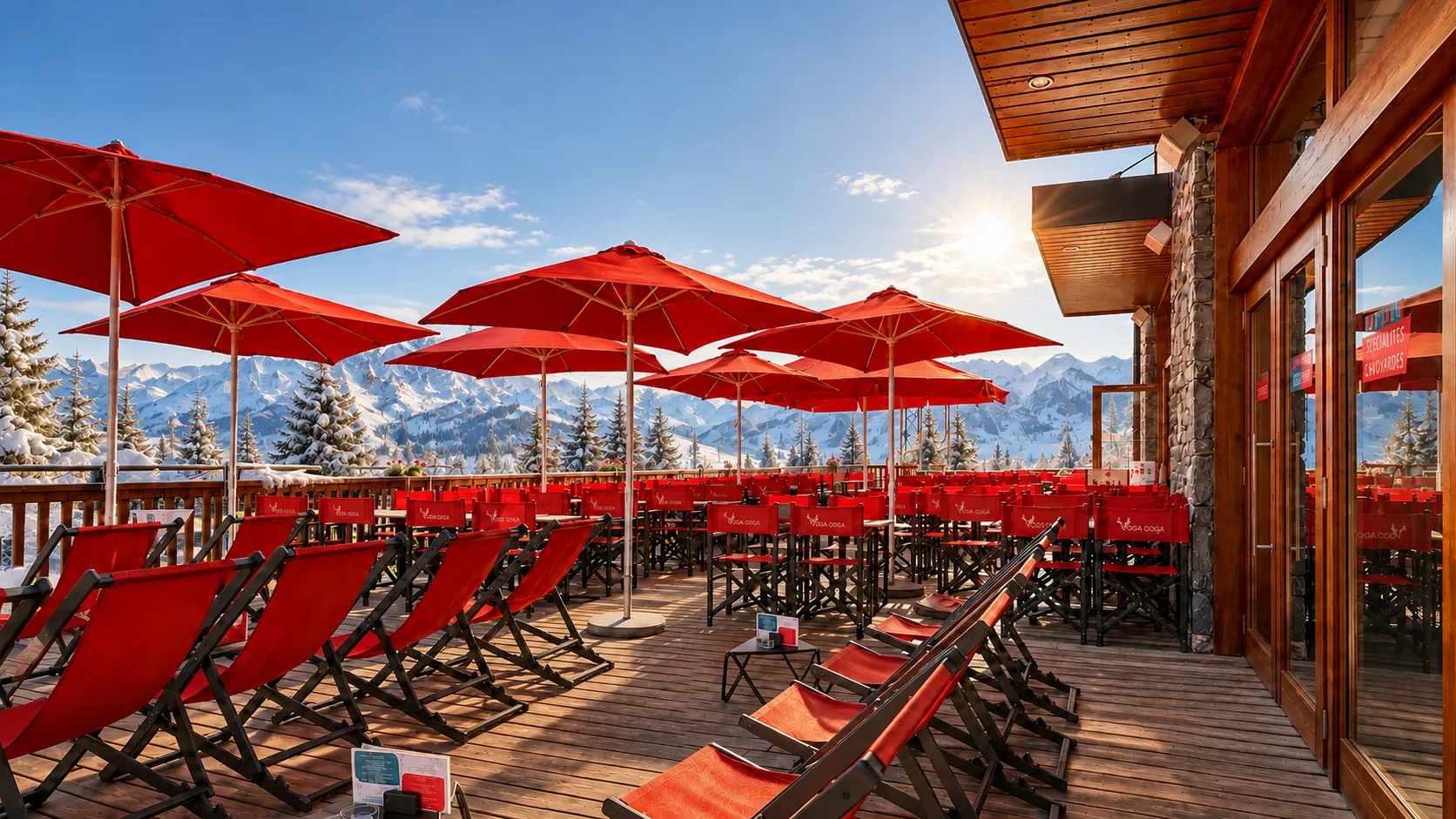 Grande table de terrasse rectangulaire du restaurant VÔGA GOGA, dressée pour plusieurs personnes avec des verres à eau et des serviettes de table rouges, encadrée de chaises de réalisateur rouges. En arrière-plan, vue panoramique sur les sommets des montagnes enneigées et un télésiège, sous un ciel bleu éclatant