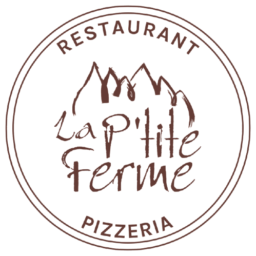 Logo for La P'tite Ferme restaurant and pizzeria with stylized mountain peaks inside a circular border.
