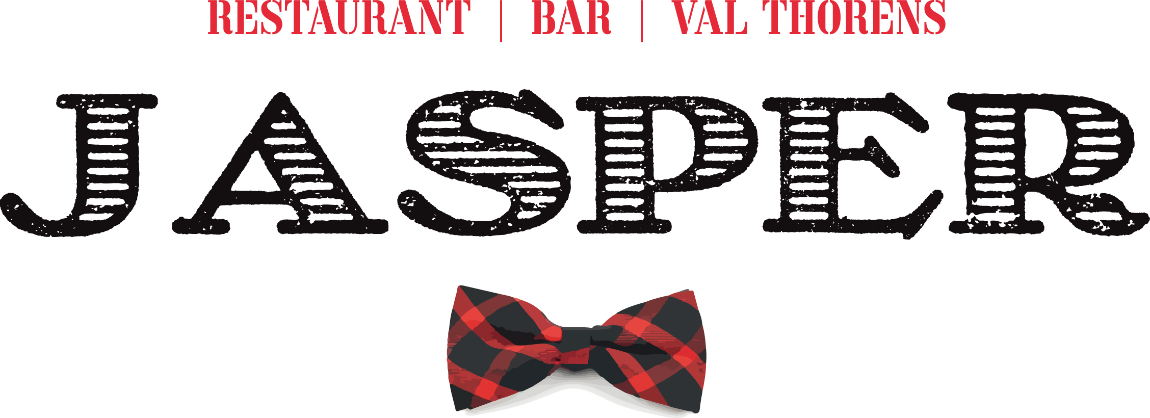 Logo for Jasper restaurant and bar in Val Thorens with stylized black text and a red and black checkered bow tie below.