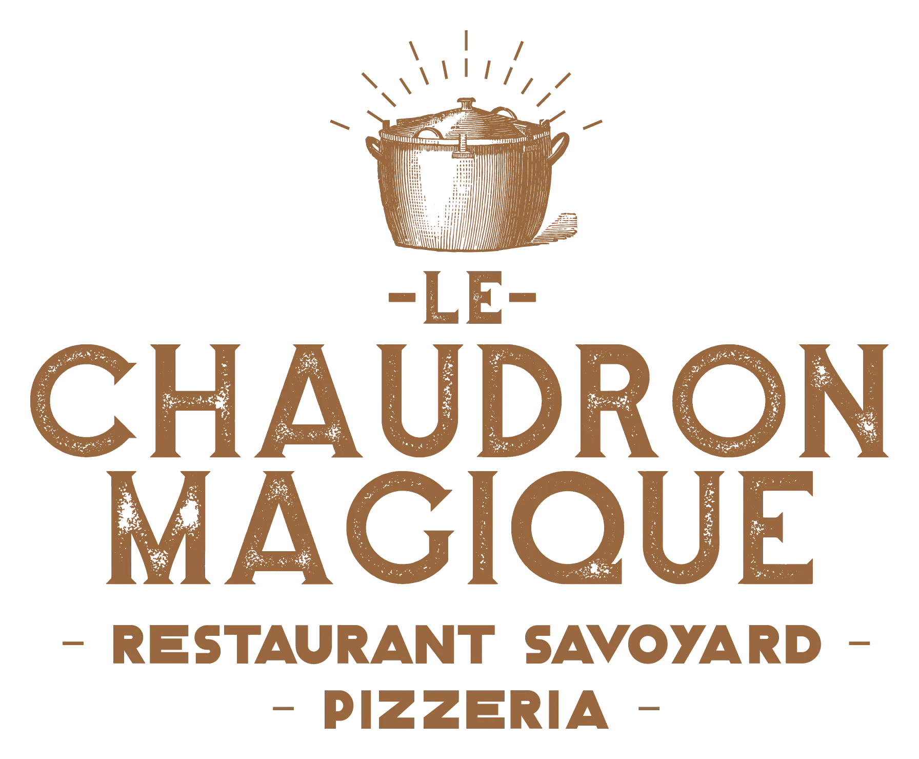 Logo of Le Chaudron Magique featuring a cooking pot with radiant lines above and text reading 'Le Chaudron Magique Restaurant Savoyard Pizzeria.'