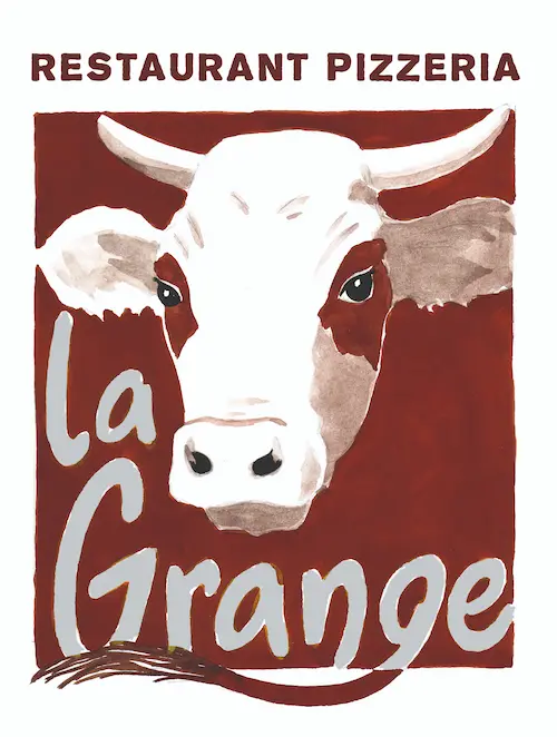 Logo of Restaurant Pizzeria La Grange featuring a white cow head on a brown background.