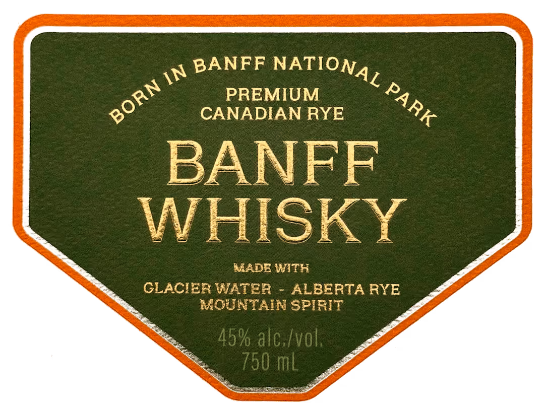 Banff Whisky label with gold text on green background, stating it's a premium Canadian rye made with glacier water and Alberta rye, 45% alcohol by volume, 750 mL.