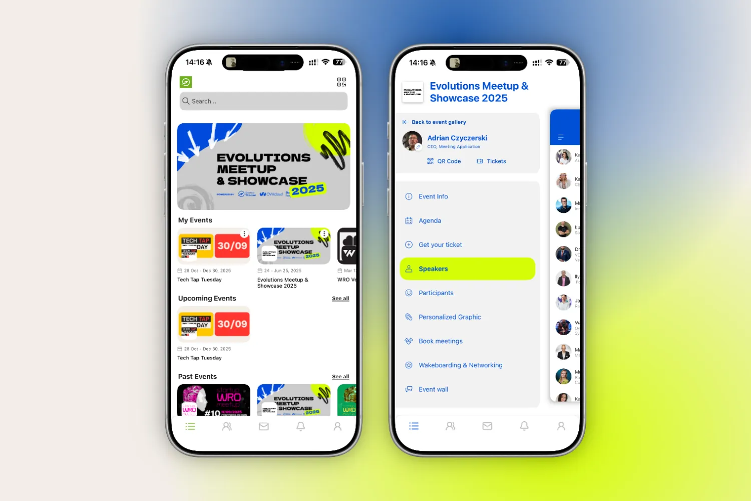 Dwa smartfony pokazujące aplikację wydarzeń z wydarzeniem Evolutions Meetup & Showcase 2025, listą nadchodzących, przeszłych wydarzeń oraz szczegółami wydarzenia i prelegentami.