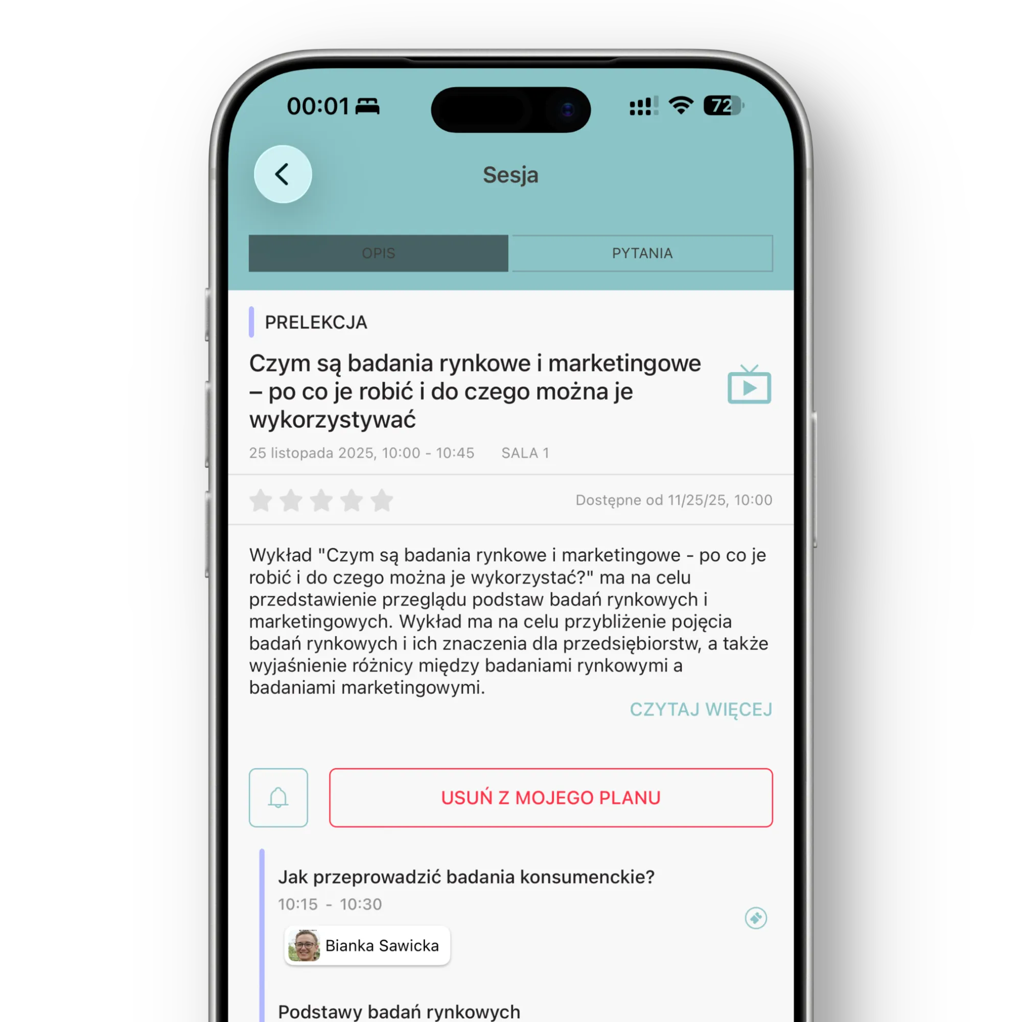 Ekran sesji na smartfonie pokazujący szczegóły prelekcji o badaniach rynkowych i marketingowych z datą, czasem, opisem, oraz planem i prelegentką Bianką Sawicką.