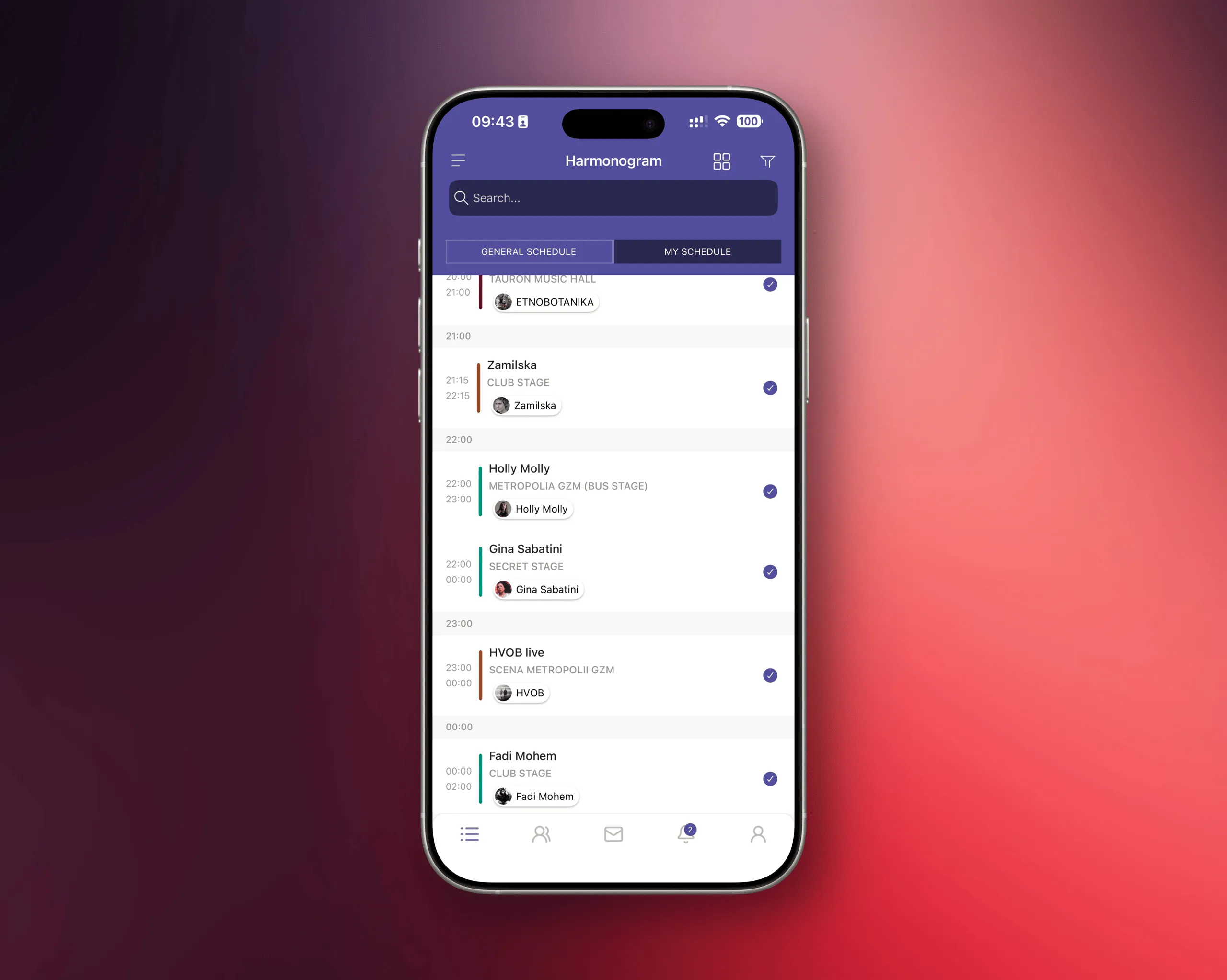 Ekran smartfona z aplikacją harmonogramu koncertów pokazującą listę artystów i godzin występów na różnych scenach.