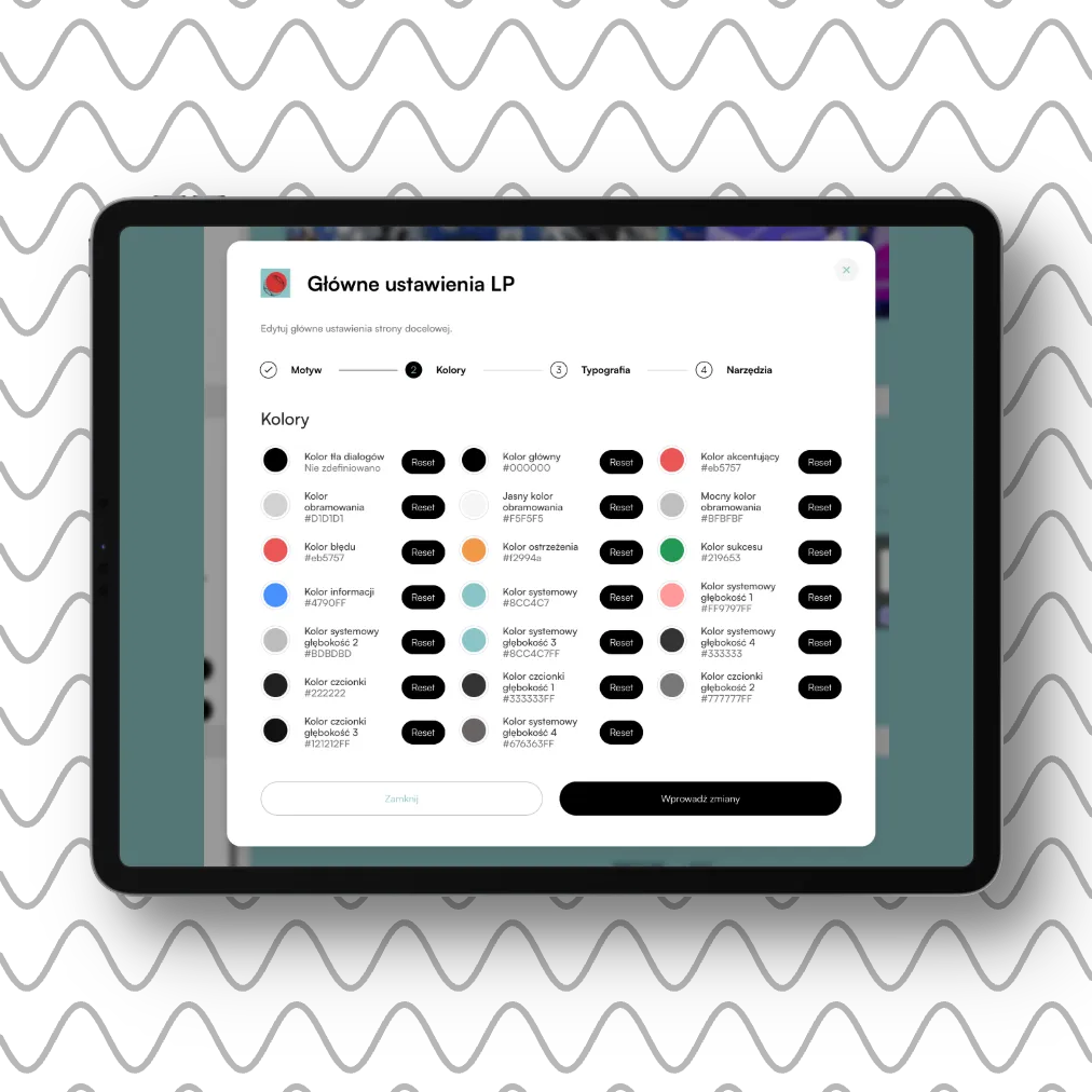 Ekran ustawień głównych strony z zakładką Kolory pokazującą różne opcje kolorów z nazwami i kodami hex oraz przyciskami resetowania.