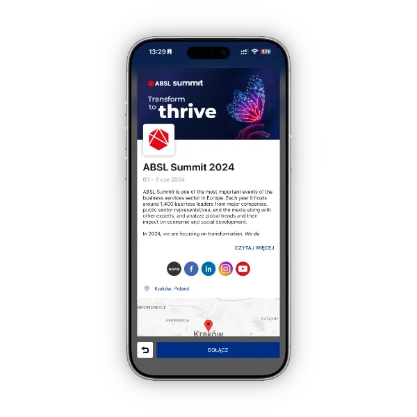 Smartphone screen showing ABSL Summit 2024 event details with transformation theme and social media icons.