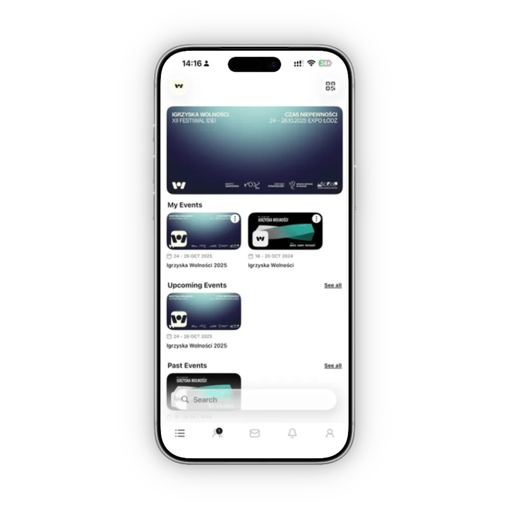 Ekran smartfona pokazujący aplikację do zarządzania wydarzeniami z sekcjami Moje wydarzenia, Nadchodzące wydarzenia i Przeszłe wydarzenia oraz wyszukiwarką.