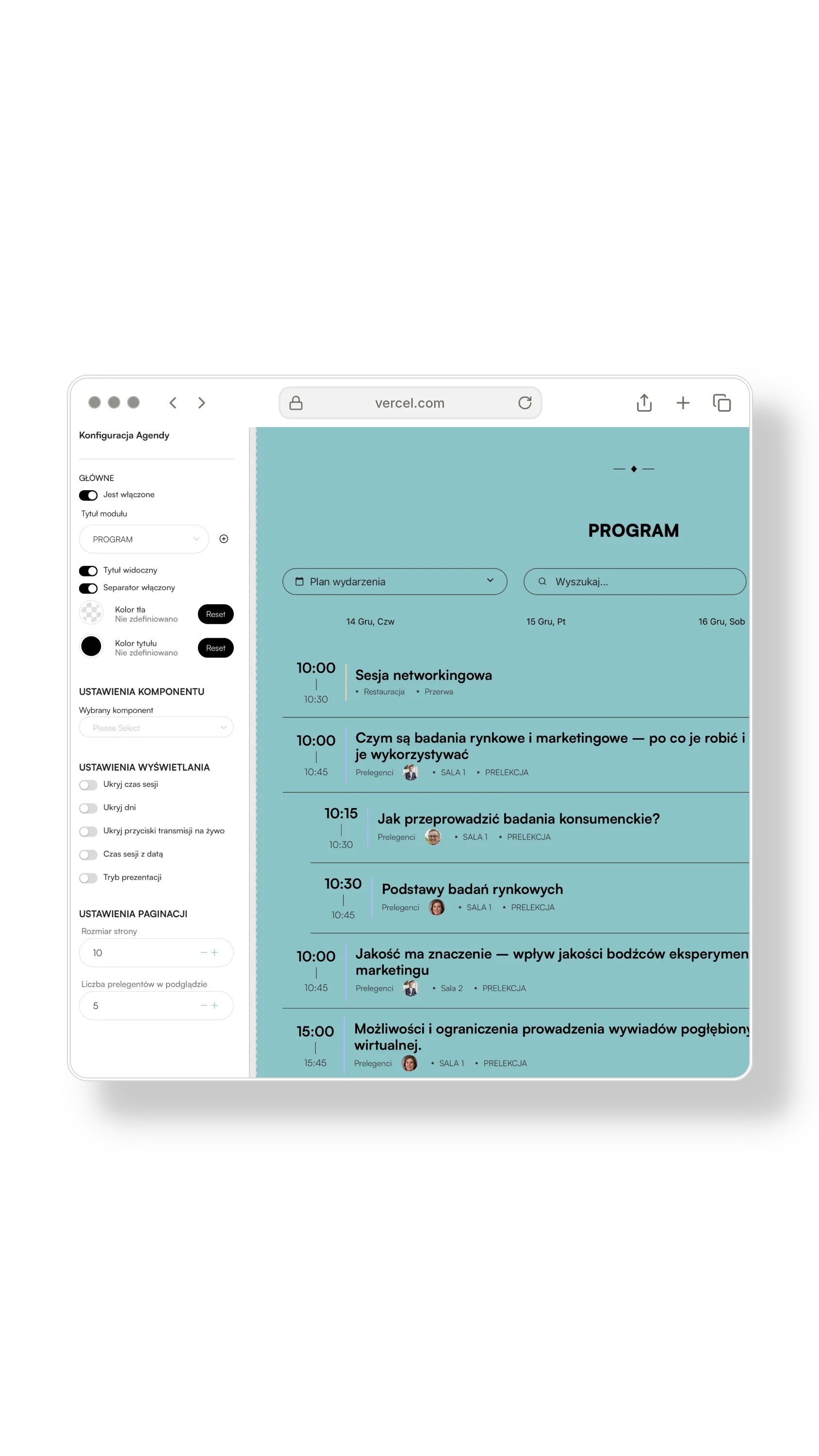 Ekran konfiguracji agendy wydarzenia z planem sesji networkingowej i prelekcji marketingowych.