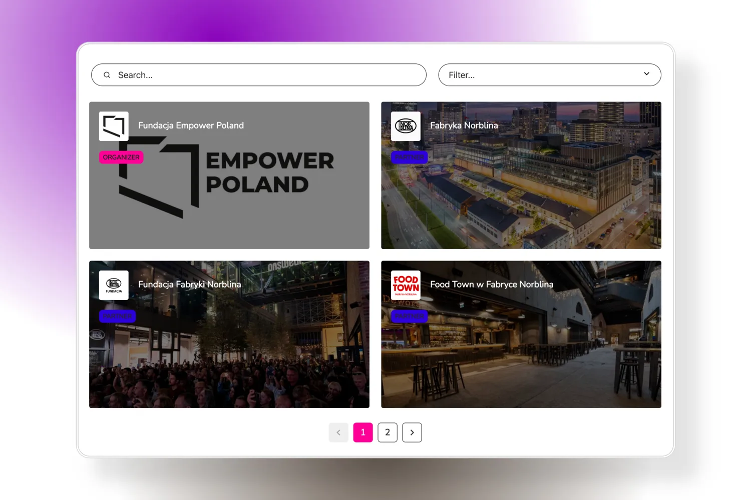 Interfejs wyszukiwania z czterema kartami: Fundacja Empower Poland jako organizator oraz Fabryka Norblina, Fundacja Fabryki Norblina i Food Town w Fabryce Norblina jako partnerzy.
