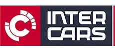 Logo Inter Cars z czerwonym symbolem po lewej i białym tekstem na ciemnym tle po prawej.