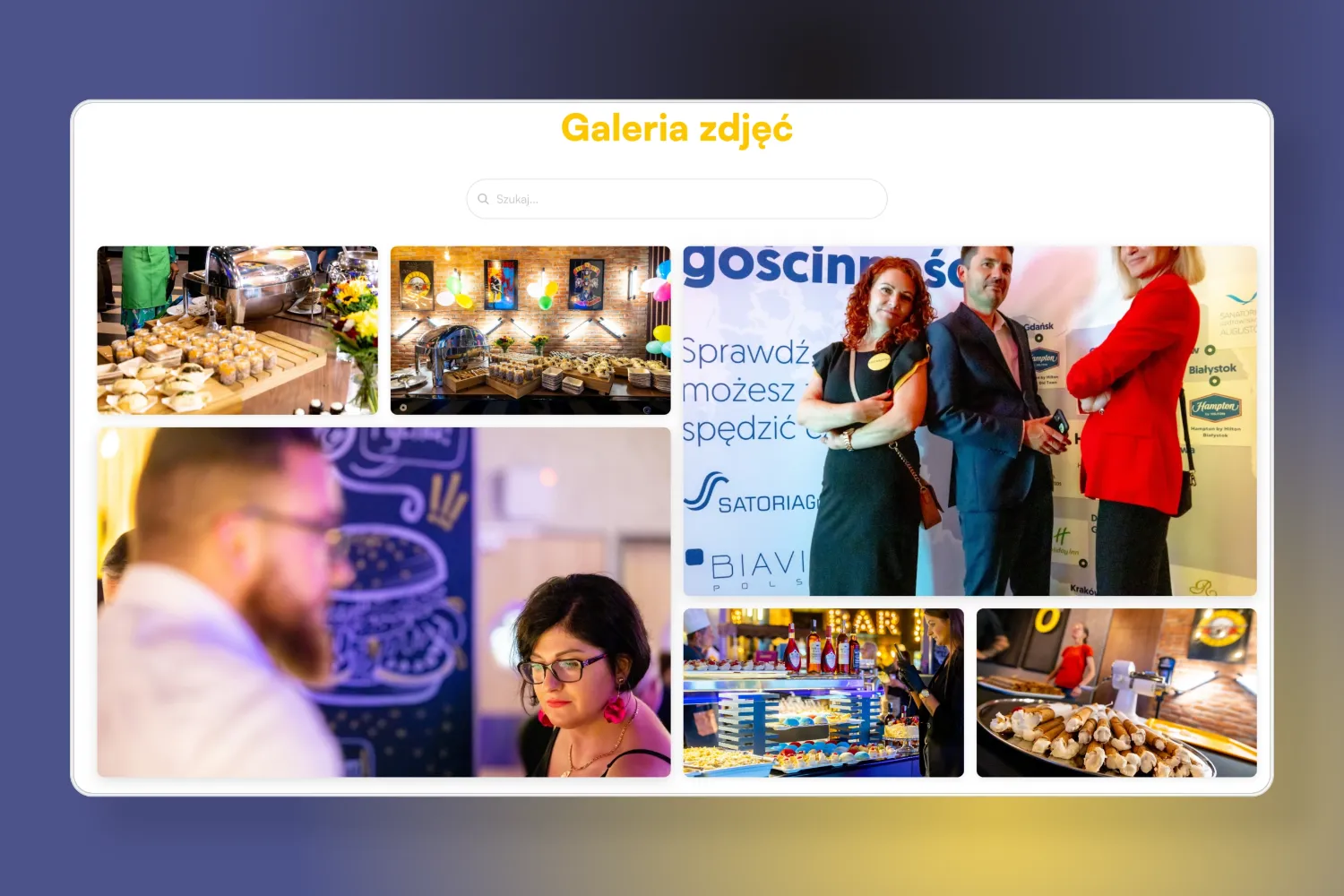 Galeria zdjęć z różnymi ujęciami jedzenia, osób rozmawiających i wydarzenia z ludźmi pozującymi na tle baneru.