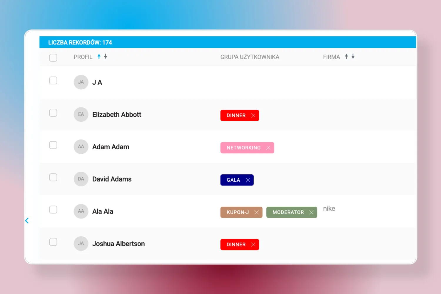 Lista użytkowników z 174 rekordami, zawierająca profile, grupy użytkowników takie jak DINNER, NETWORKING, GALA, KUPON-J i MODERATOR oraz firmę nike.