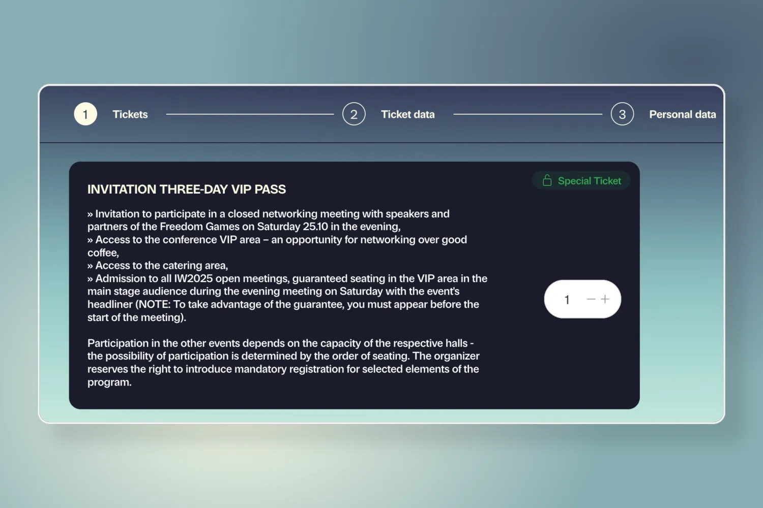 Ekran zakupu biletu VIP trzydniowego z opisem korzyści i opcją wyboru liczby biletów.