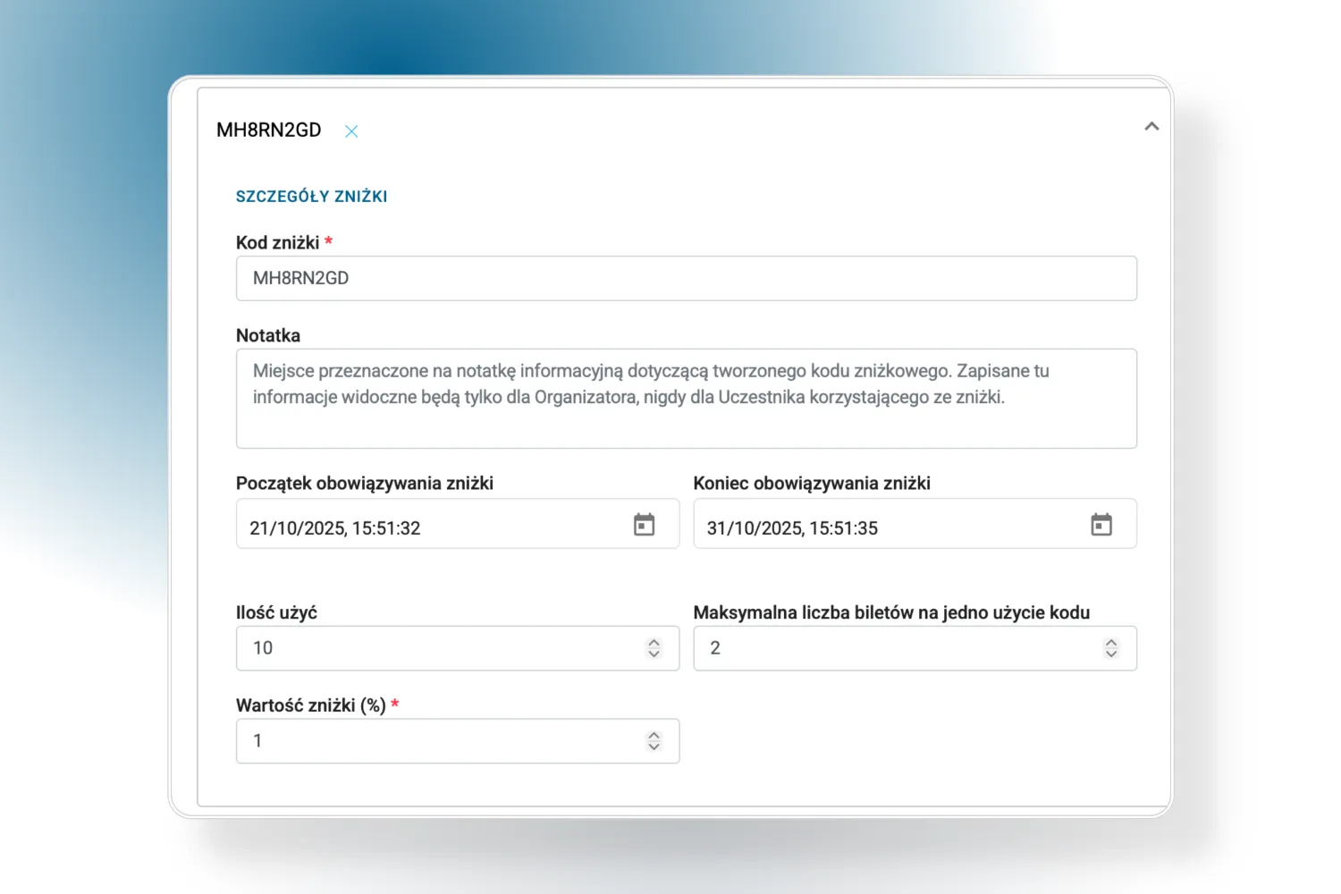 Formularz szczegółów zniżki z kodem MH8RN2GD, notatką informacyjną, datą początku i końca obowiązywania, ilością użyć, maksymalną liczbą biletów na jedno użycie oraz wartością zniżki 1%.