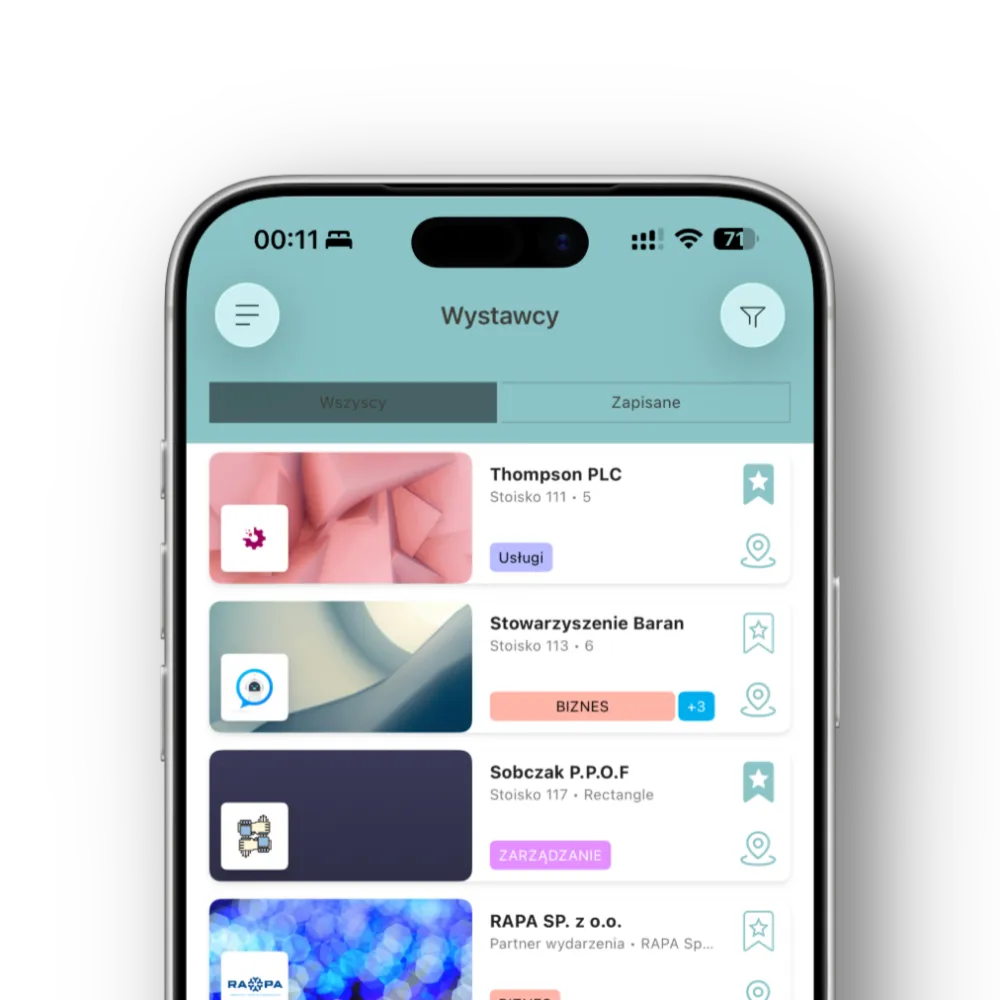 Ekran aplikacji mobilnej wyświetlający listę wystawców z nazwami firm, numerami stoisk i kategoriami usług.