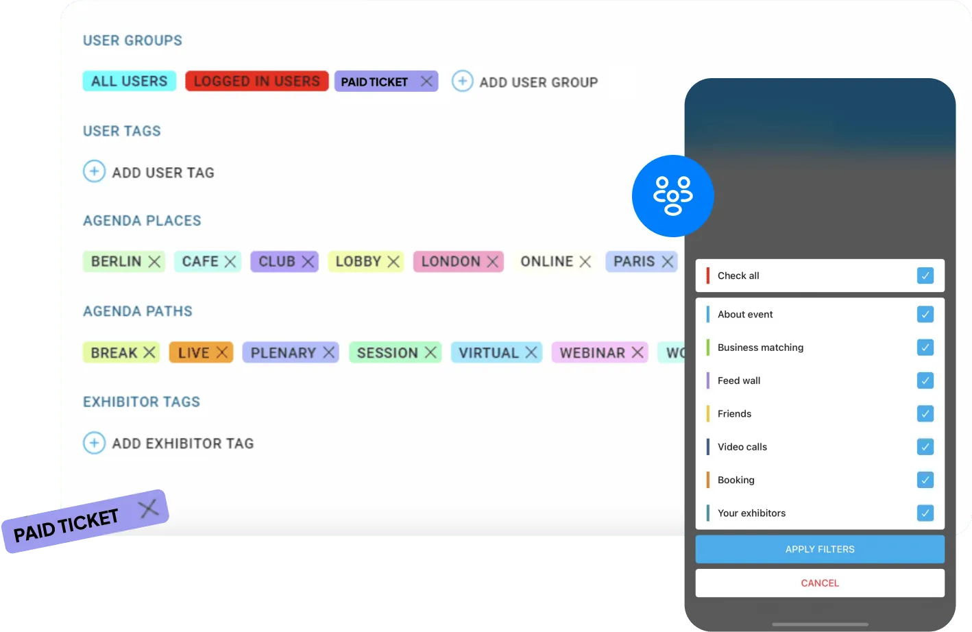 Interfejs zarządzania grupami, tagami i miejscami agendy na białym tle oraz panel filtrów na smartfonie z zaznaczonymi opcjami filtrów i przyciskami zastosuj filtry i anuluj.