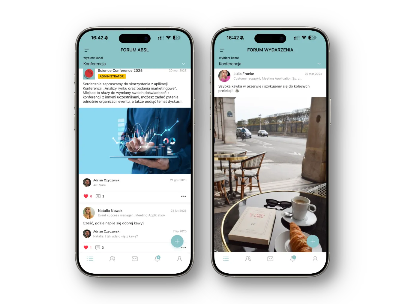 Dwa smartfony wyświetlające polskie fora dyskusyjne aplikacji konferencyjnej, jedno z wykresem danych, drugie z kawą i rogalikiem na stoliku.