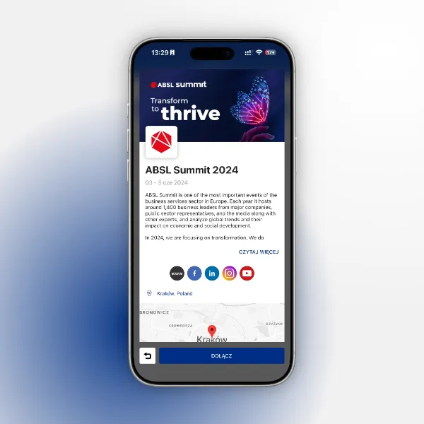 Smartfon wyświetlający stronę wydarzenia ABSL Summit 2024 z datą, opisem, ikonami mediów społecznościowych i lokalizacją w Krakowie, Polska.