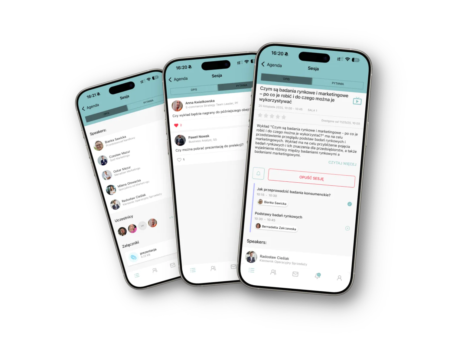 Trzy smartfony wyświetlające aplikację konferencyjną z agendą, pytaniami i listą prelegentów.