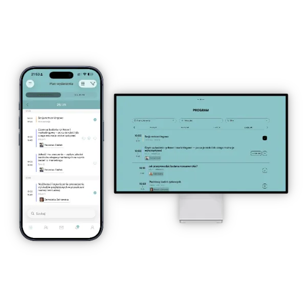 Widok aplikacji harmonogramu wydarzeń na smartfonie i ekranie komputera, pokazujący listę i szczegóły sesji programowych.