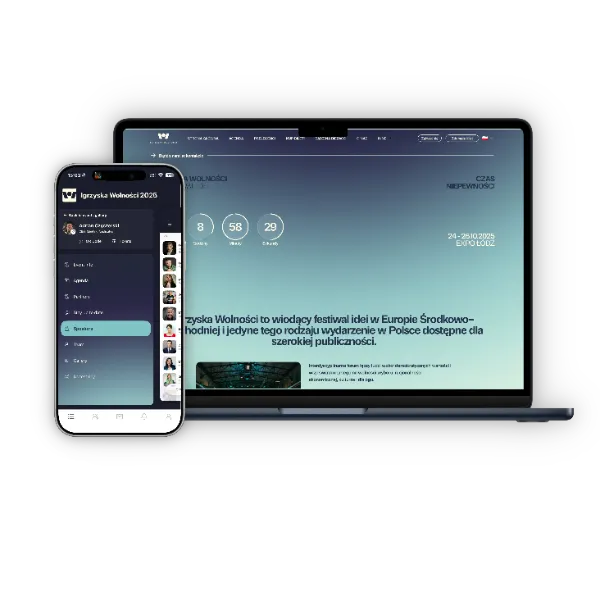 Widok ekranu laptopa i smartfona z aplikacją wydarzenia Igrzyska Wolności 2025 pokazującą odliczanie czasu i listę prelegentów.