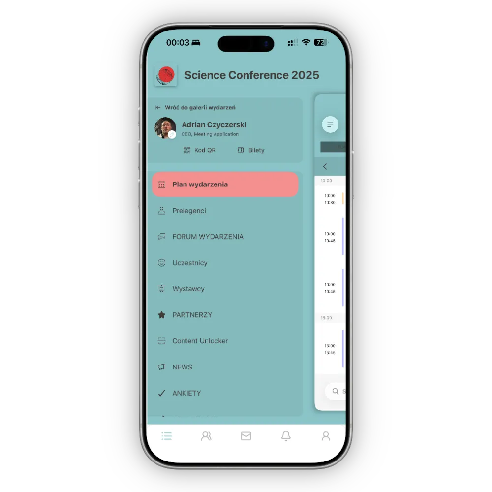Ekran smartfona z aplikacją konferencji naukowej 2025, pokazujący plan wydarzenia i menu z sekcjami jak Prelegenci, Forum, Uczestnicy oraz Partnerzy.