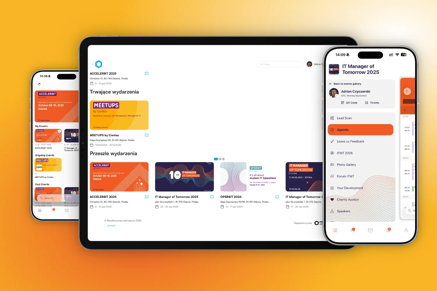 Interfejs aplikacji do zarządzania wydarzeniami IT wyświetlony na tablecie i dwóch smartfonach z listą nadchodzących i przeszłych wydarzeń oraz szczegółami agendy.