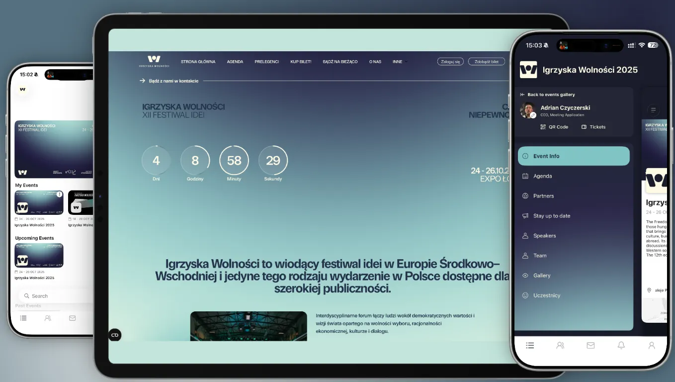 Ekrany tabletu i smartfonów prezentujące stronę i aplikację mobilną festiwalu Igrzyska Wolności 2025 z harmonogramem, informacjami i menu wydarzenia.