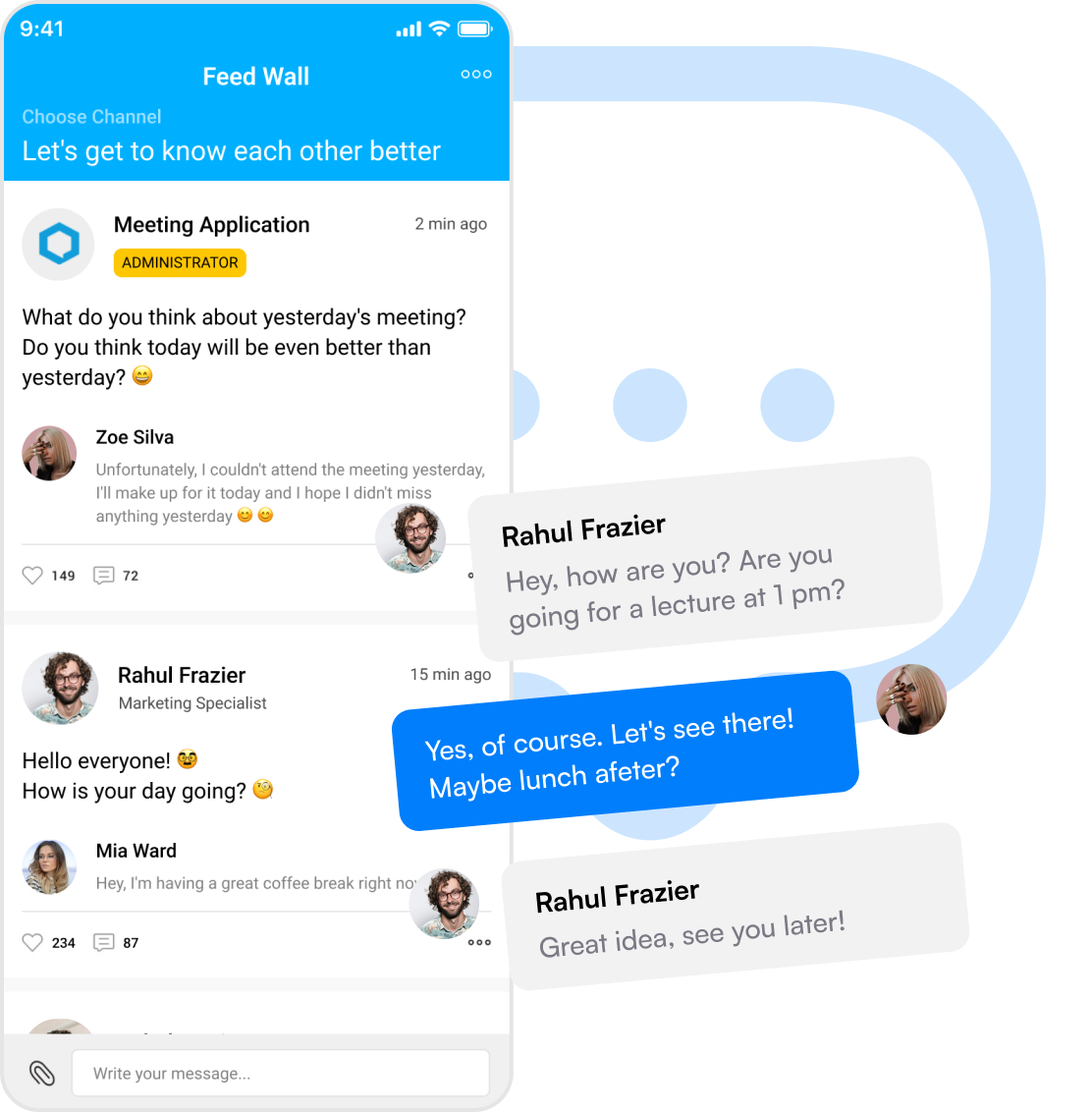 Interfejs aplikacji do spotkań z kanałem dyskusji, zawierający wiadomości od administratora i użytkowników Rahul Frazier, Zoe Silva oraz Mia Ward, wraz z rozmową o lunchu między Rahul i Zoe.