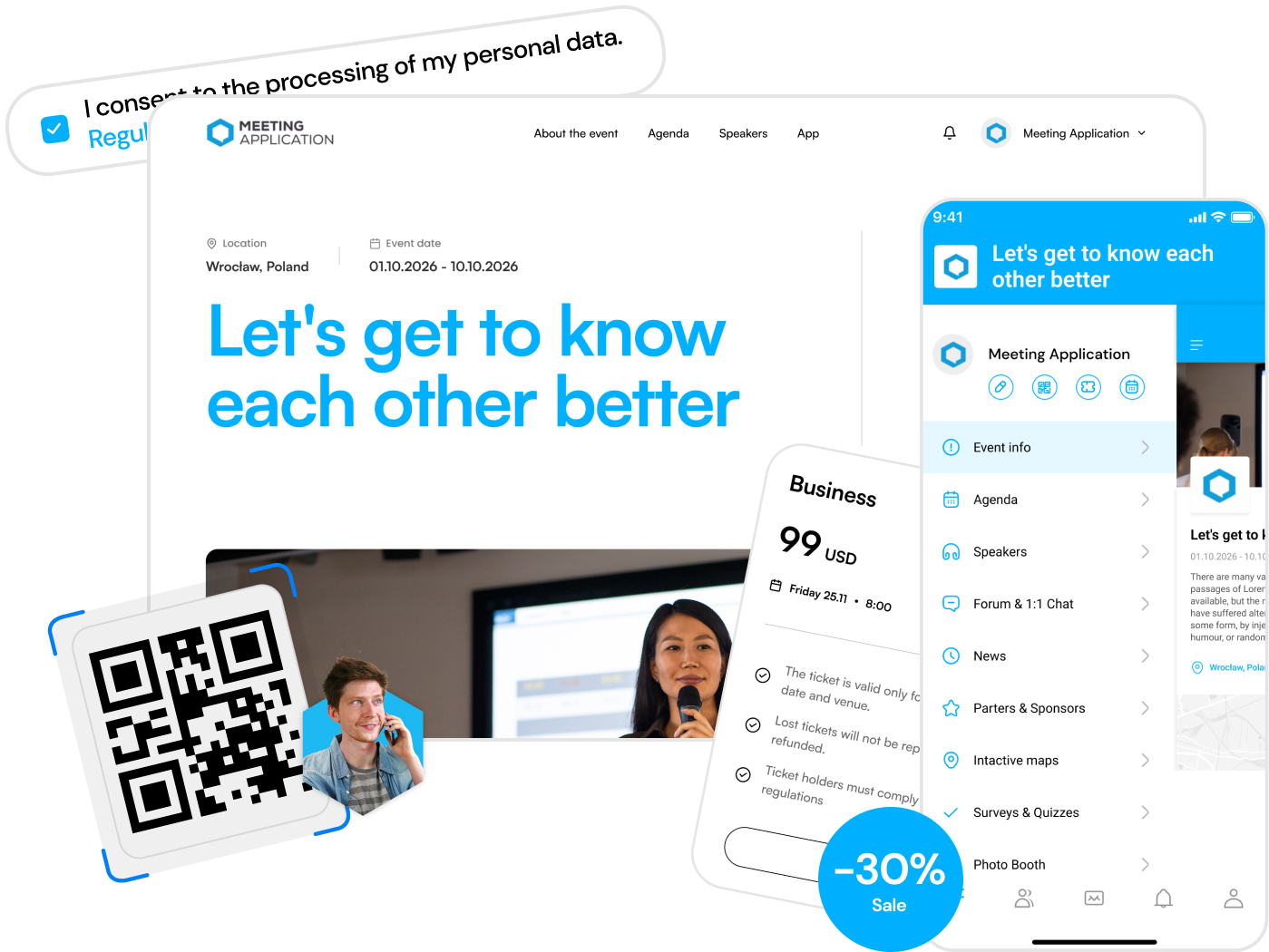 Strona internetowa i aplikacja mobilna Meeting Application z informacjami o wydarzeniu we Wrocławiu, Polska, z napisem Let's get to know each other better oraz kodem QR i ofertą biletu biznesowego z 30% zniżką.