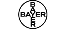 Logo firmy Bayer w białym kole z czarnym napisem.