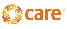 Logo organizacji charytatywnej CARE z pomarańczowym symbolem i napisem care.