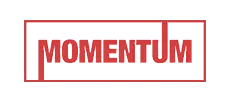 Czerwony napis MOMENTUM wpisany w prostokątne ramki na czarnym tle.